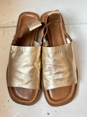 Elle Metallic Gold Slip-On Slide Sandals with Elastic Heel